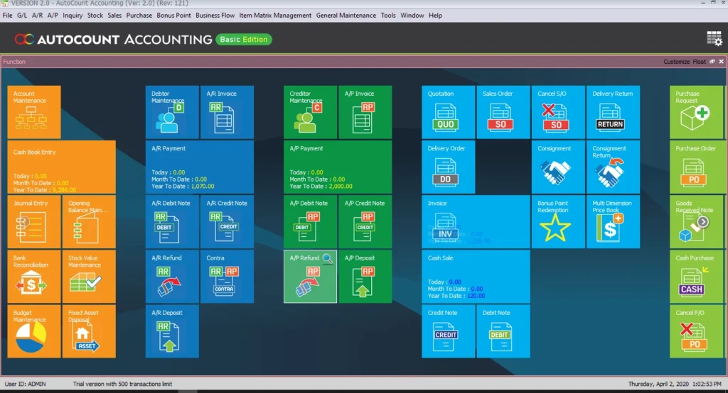 AutoCount Accounting 2.0 main dashboard with debtor, creditor and stock modules
