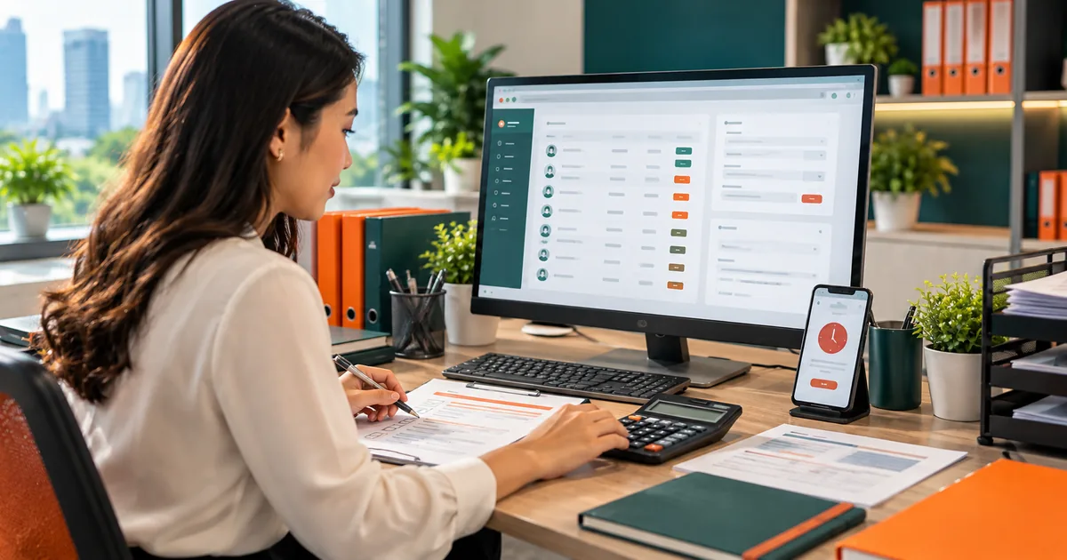 HR executive setting up payroll in AutoCount Cloud HRMS with a checklist, calculator and mobile clock-in screen