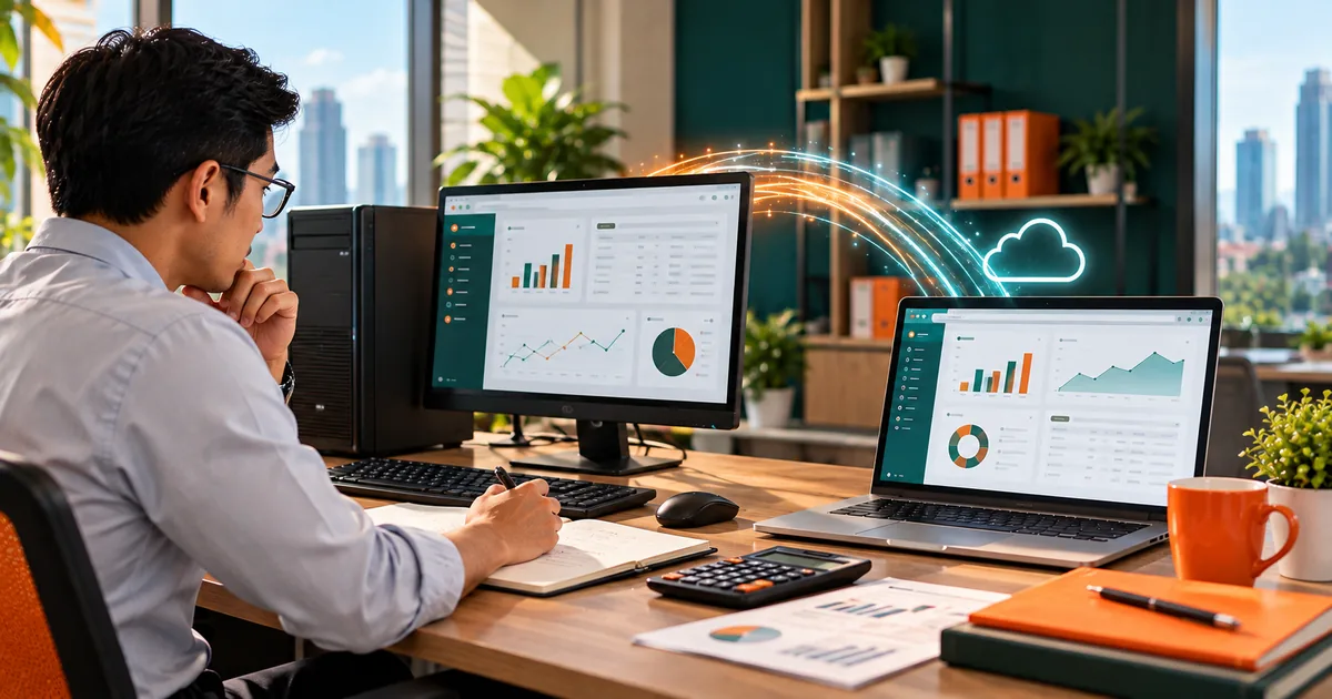 Accountant comparing desktop and cloud accounting dashboards during an AutoCount cloud migration