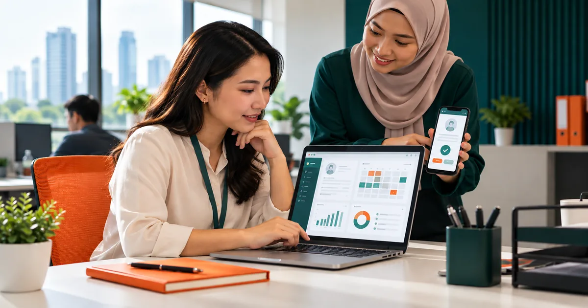 HR manager reviewing a brioHR leave and payroll dashboard while a colleague approves a request on the mobile app
