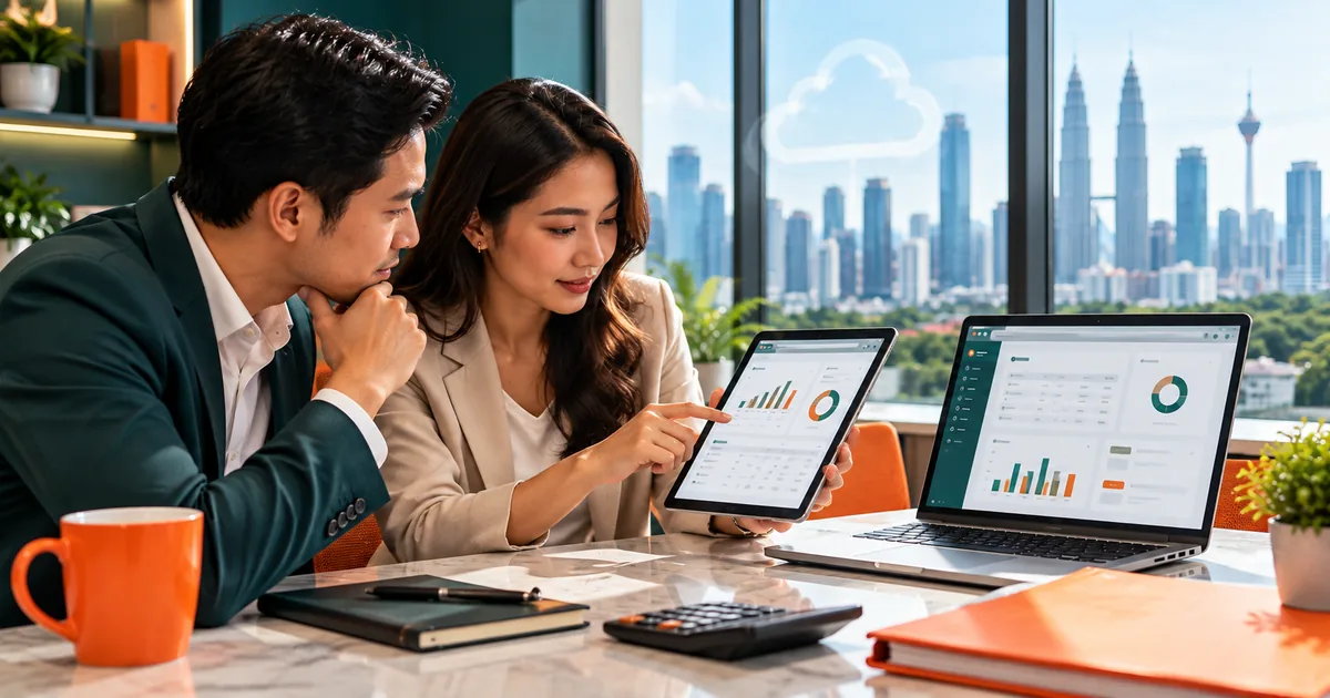 Business owner and accountant reviewing a cloud payroll dashboard on a tablet in a Kuala Lumpur office