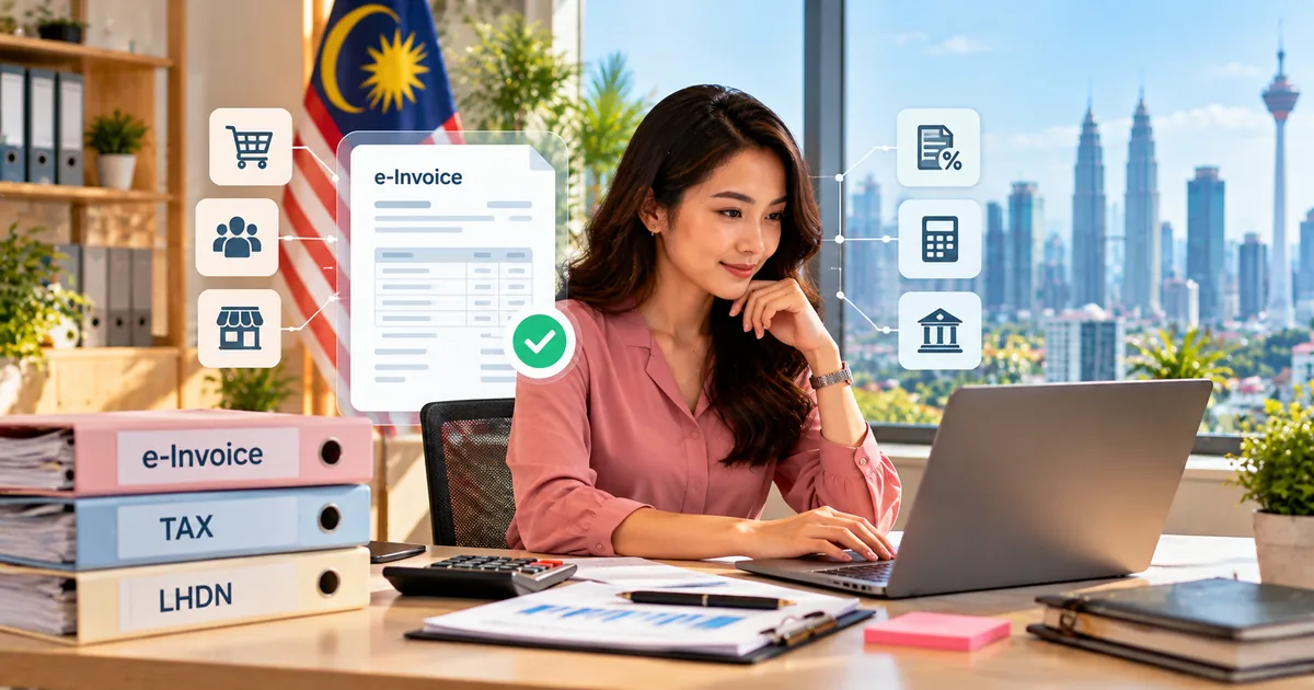 Malaysian business owner checking e-invoice exemption rules on a laptop beside e-Invoice, tax and LHDN files