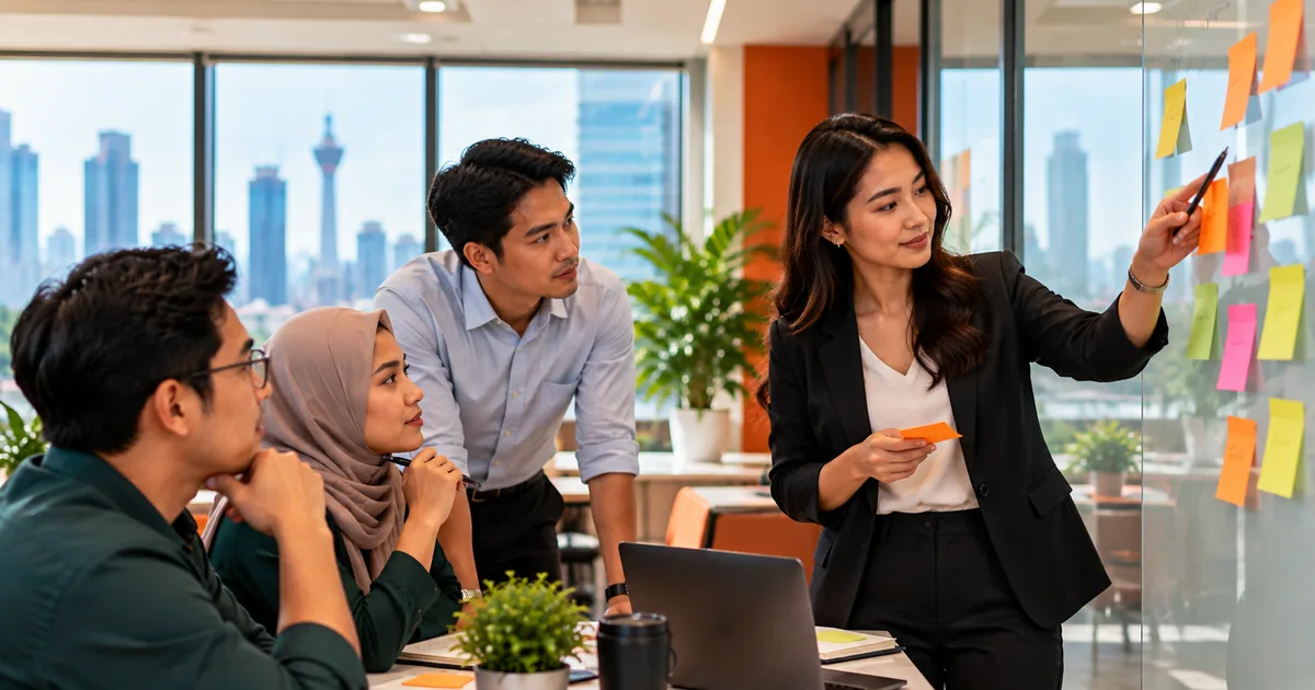 Project team in a Kuala Lumpur office planning project phases on a sticky note board