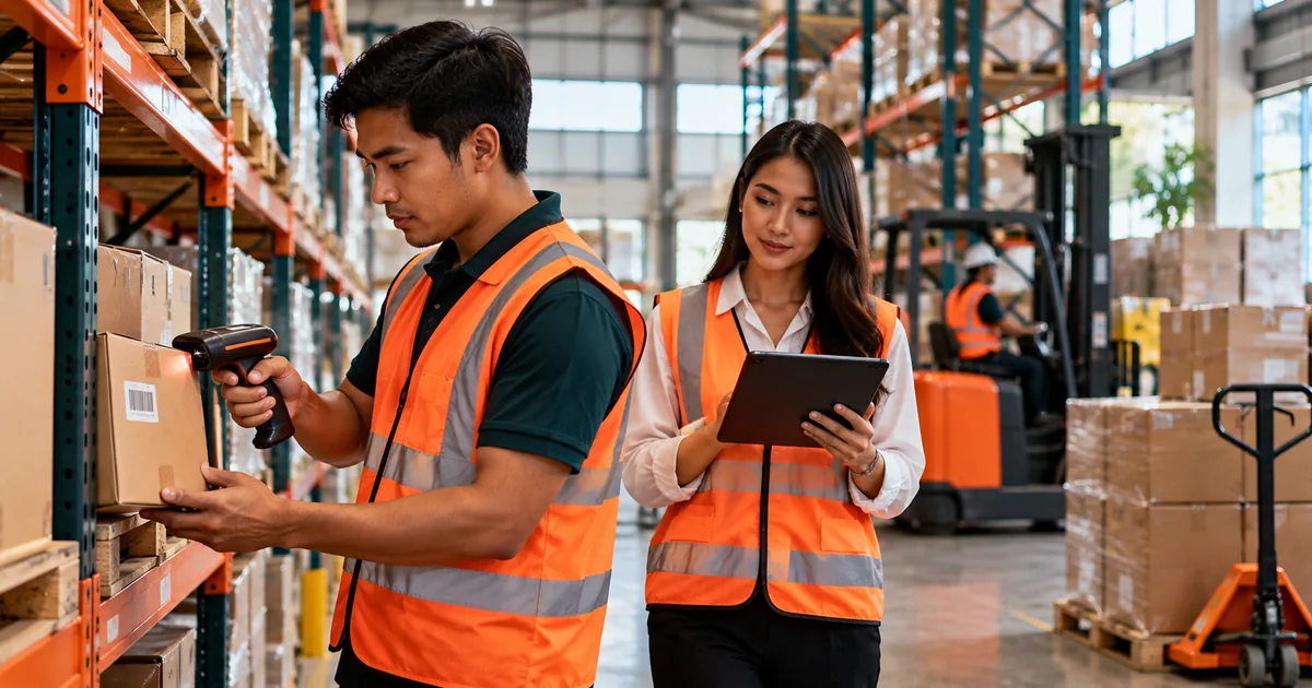 Warehouse staff scanning carton barcodes while a supervisor checks stock on a tablet in a Malaysian distribution centre