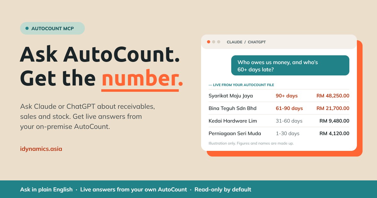AutoCount MCP: ask AutoCount a question in Claude or ChatGPT and get the number, live from your AutoCount file